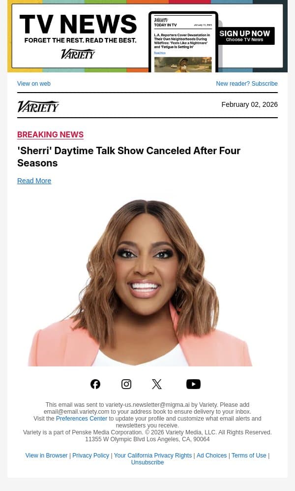 'Sherri' Daytime Talk Show Canceled After Four Seasons email from Variety screenshot