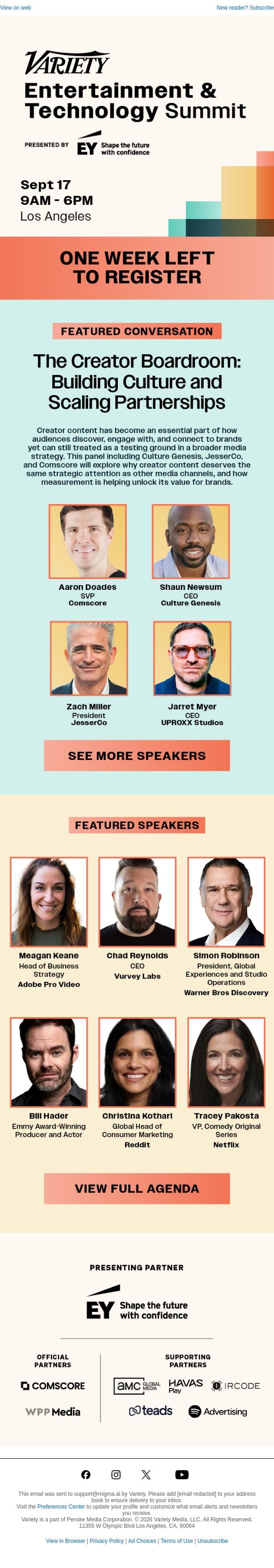 Only One Week Left to Register for Variety’s Entertainment & Technology Summit email from Variety screenshot