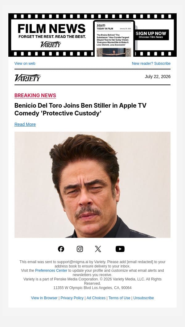 Benicio Del Toro Joins Ben Stiller in Apple TV Comedy 'Protective Custody' email from Variety screenshot