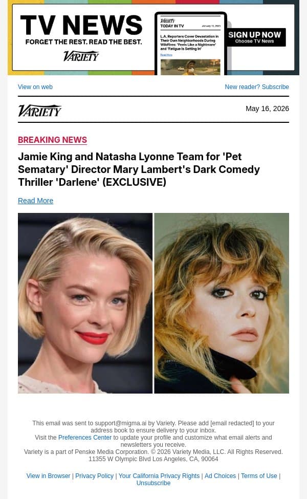 Jamie King and Natasha Lyonne Team for 'Pet Sematary' Director Mary Lambert's Dark Comedy Thriller 'Darlene' (EXCLUSIVE) email from Variety screenshot
