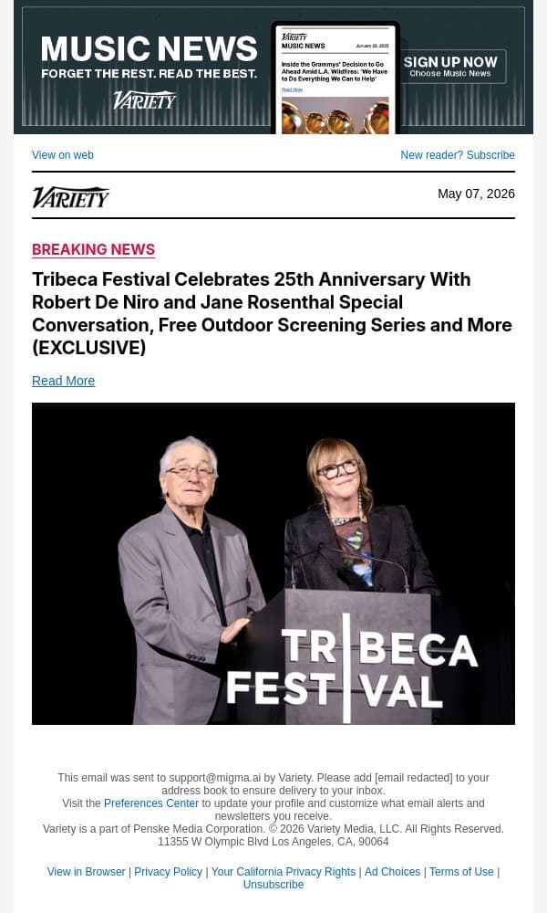 Tribeca Festival Celebrates 25th Anniversary With Robert De Niro and Jane Rosenthal Special Conversation, Free Outdoor Screening Series and More (EXCLUSIVE) email from Variety screenshot