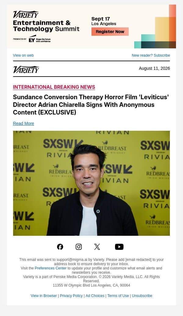 Sundance Conversion Therapy Horror Film 'Leviticus' Director Adrian Chiarella Signs With Anonymous Content (EXCLUSIVE) email from Variety screenshot