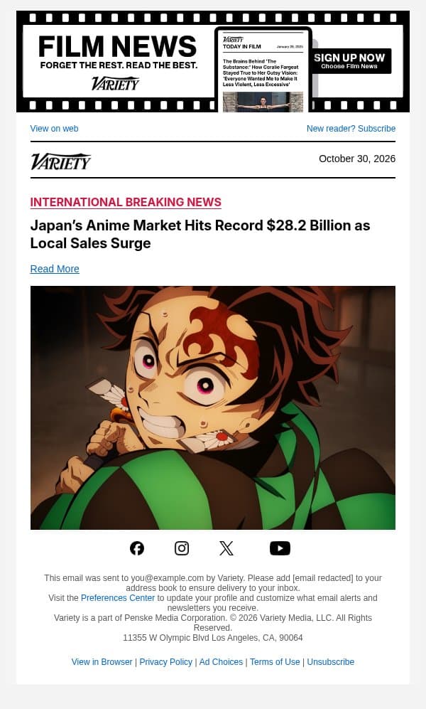Japan’s Anime Market Hits Record $28.2 Billion as Local Sales Surge email from Variety screenshot