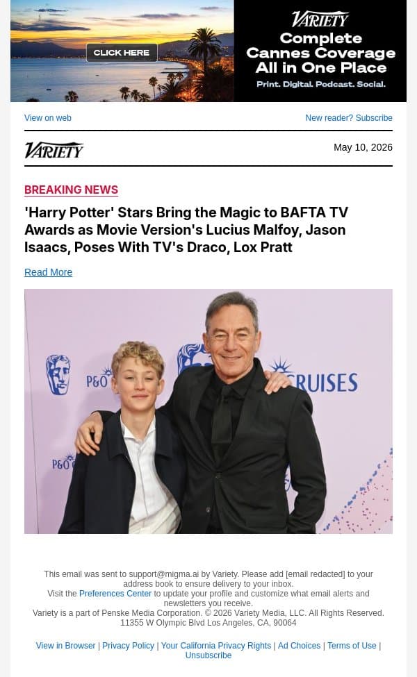 'Harry Potter' Stars Bring the Magic to BAFTA TV Awards as Movie Version's Lucius Malfoy, Jason Isaacs, Poses With TV's Draco, Lox Pratt email from Variety screenshot