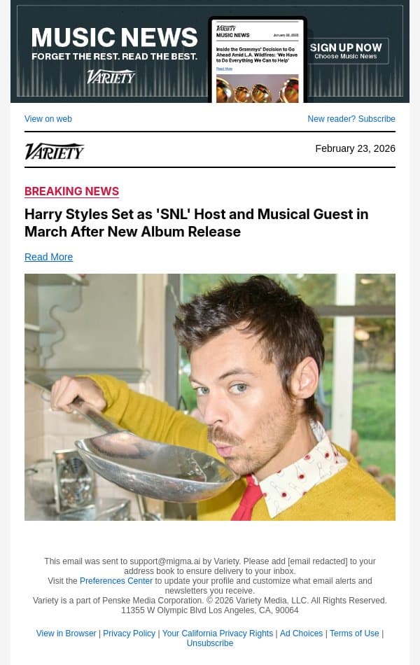 Harry Styles Set as 'SNL' Host and Musical Guest in March After New Album Release email from Variety screenshot
