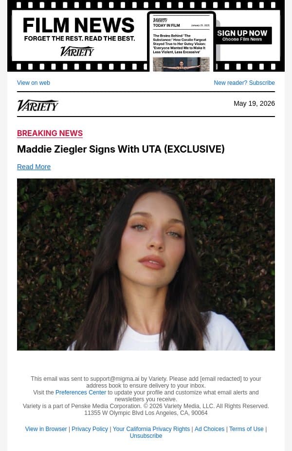 Maddie Ziegler Signs With UTA (EXCLUSIVE) email from Variety screenshot