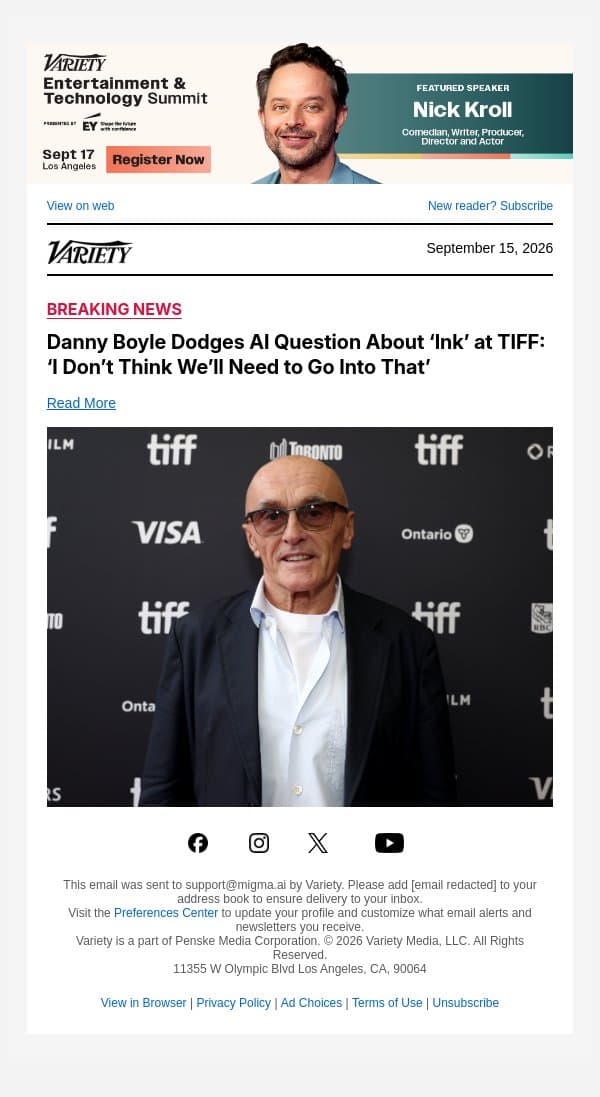 Danny Boyle Dodges AI Question About ‘Ink’ at TIFF: ‘I Don’t Think We’ll Need to Go Into That’ email from Variety screenshot