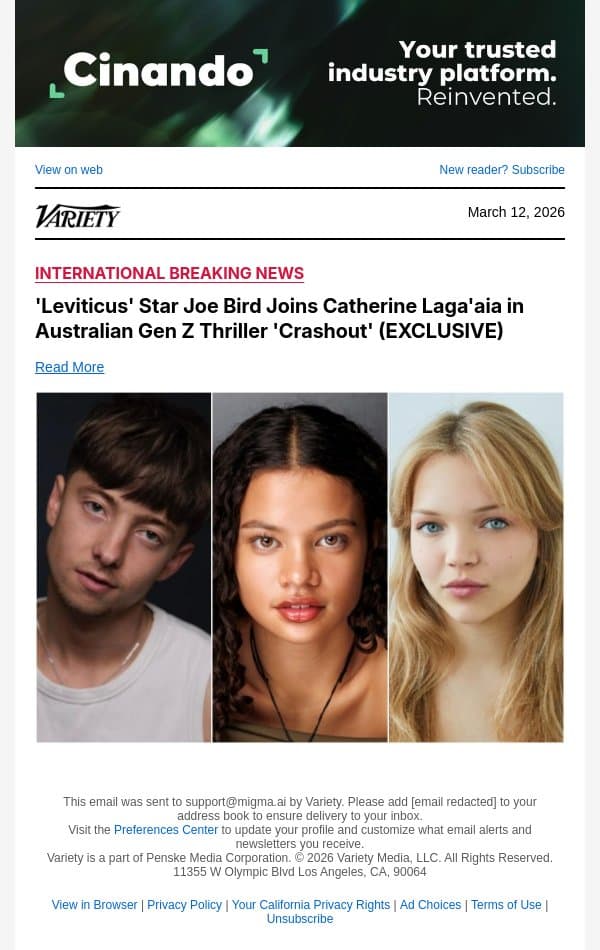 'Leviticus' Star Joe Bird Joins Catherine Laga'aia in Australian Gen Z Thriller 'Crashout' (EXCLUSIVE) email from Variety screenshot