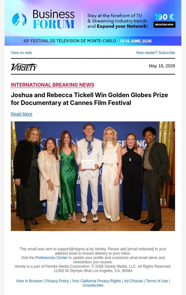 Joshua and Rebecca Tickell Win Golden Globes Prize for Documentary at Cannes Film Festival email from Variety screenshot