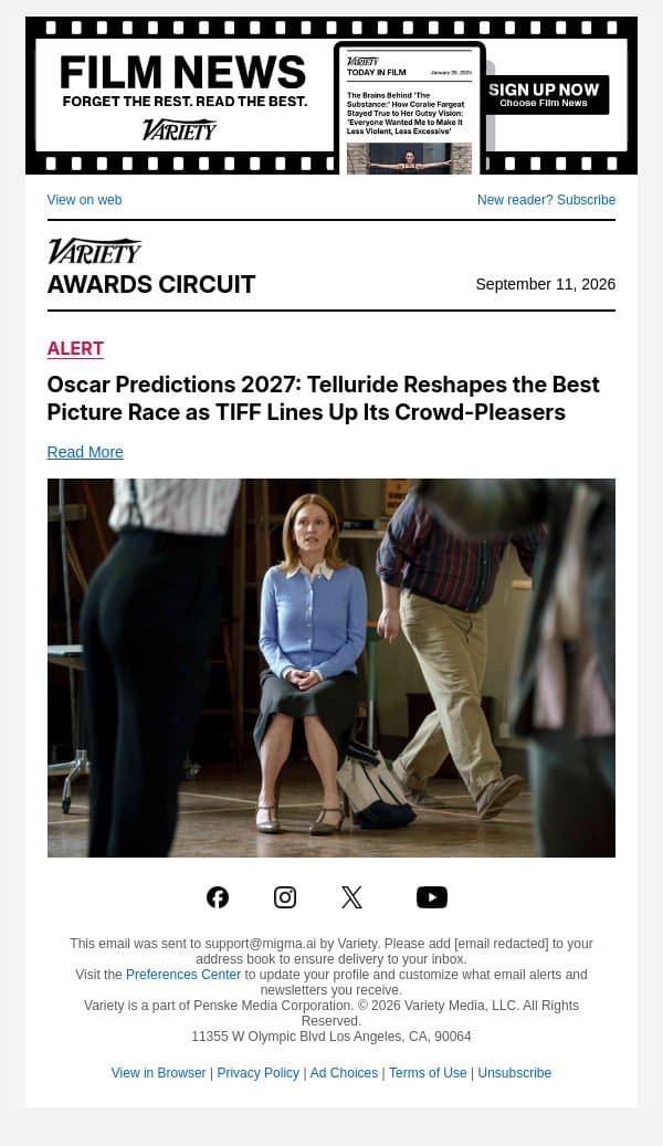 Oscar Predictions 2027: Telluride Reshapes the Best Picture Race as TIFF Lines Up Its Crowd-Pleasers email from Variety screenshot