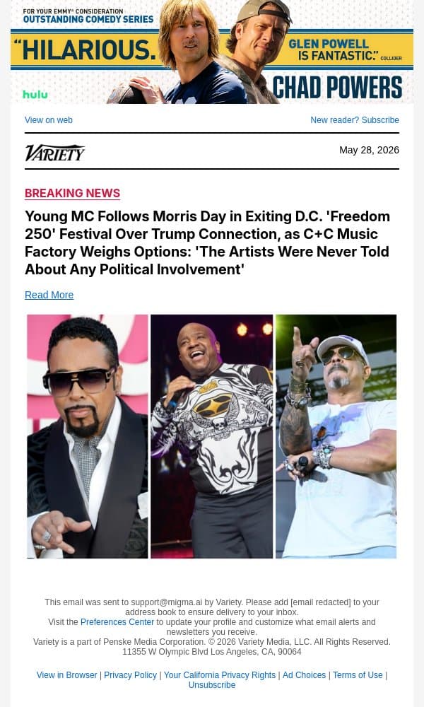 Young MC Follows Morris Day in Exiting D.C. 'Freedom 250' Festival Over Trump Connection, as C+C Music Factory Weighs Options: 'The Artists Were Never Told About Any Political Involvement' email from Variety screenshot