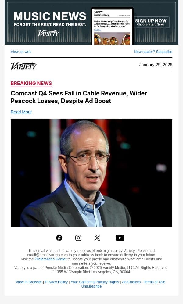 Comcast Q4 Sees Fall in Cable Revenue, Wider Peacock Losses, Despite Ad Boost email from Variety screenshot