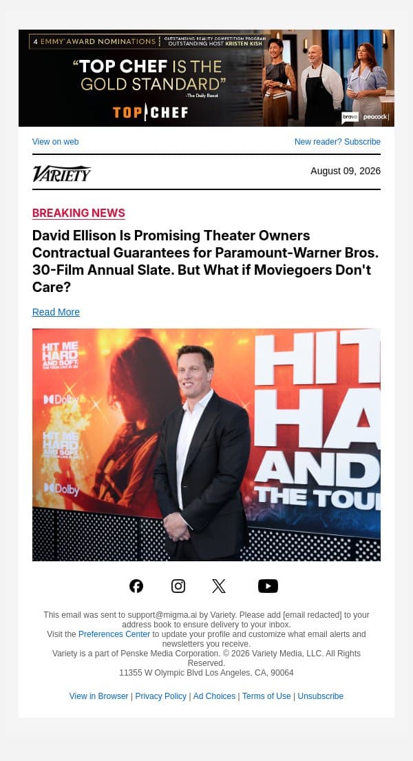 David Ellison Is Promising Theater Owners Contractual Guarantees for Paramount-Warner Bros. 30-Film Annual Slate. But What if Moviegoers Don't Care? email from Variety screenshot