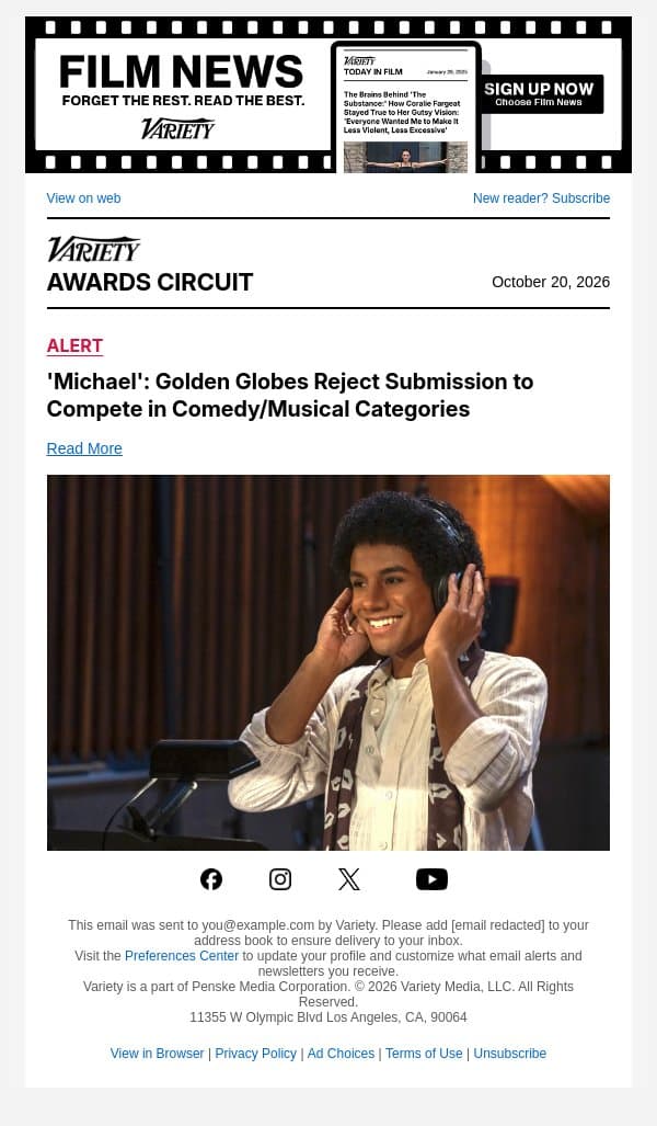 'Michael': Golden Globes Reject Submission to Compete in Comedy/Musical Categories email from Variety screenshot