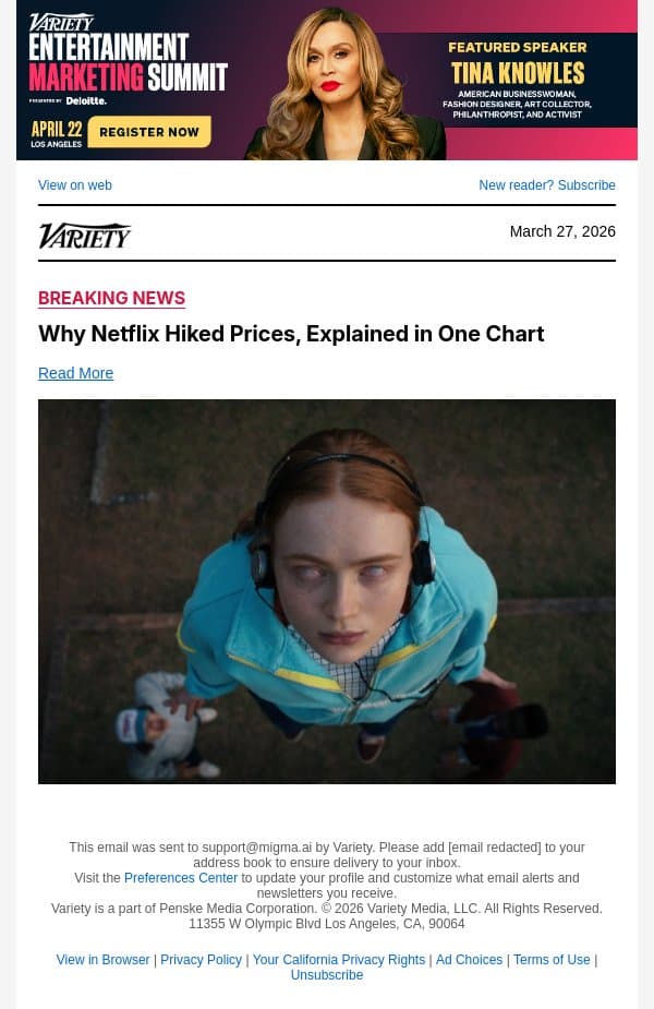 Why Netflix Hiked Prices, Explained in One Chart email from Variety screenshot