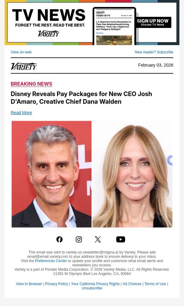 Disney Reveals Pay Packages for New CEO Josh D'Amaro, Creative Chief Dana Walden email from Variety screenshot