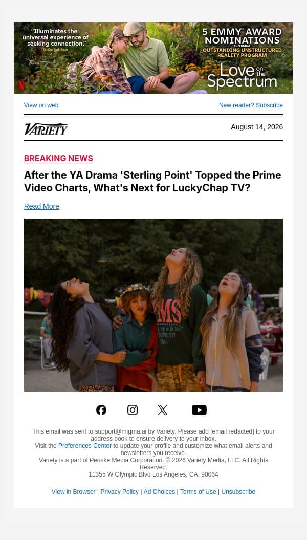 After the YA Drama 'Sterling Point' Topped the Prime Video Charts, What's Next for LuckyChap TV? email from Variety screenshot