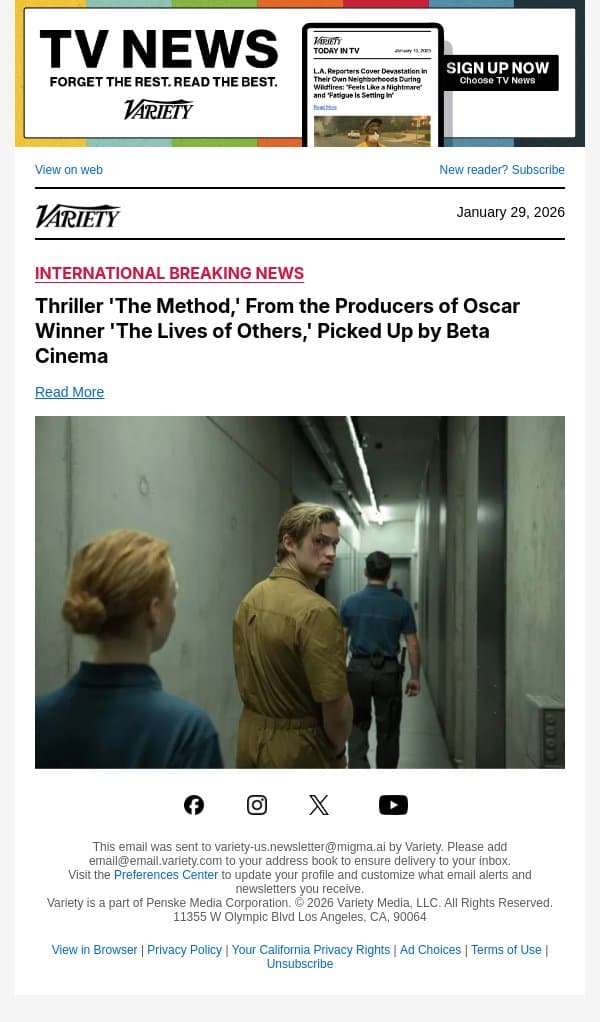 Thriller 'The Method,' From the Producers of Oscar Winner 'The Lives of Others,' Picked Up by Beta Cinema email from Variety screenshot