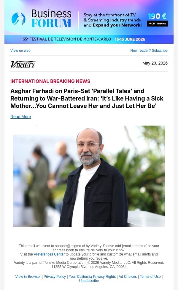 Asghar Farhadi on Paris-Set ‘Parallel Tales’ and Returning to War-Battered Iran: ‘It’s Like Having a Sick Mother…You Cannot Leave Her and Just Let Her Be' email from Variety screenshot
