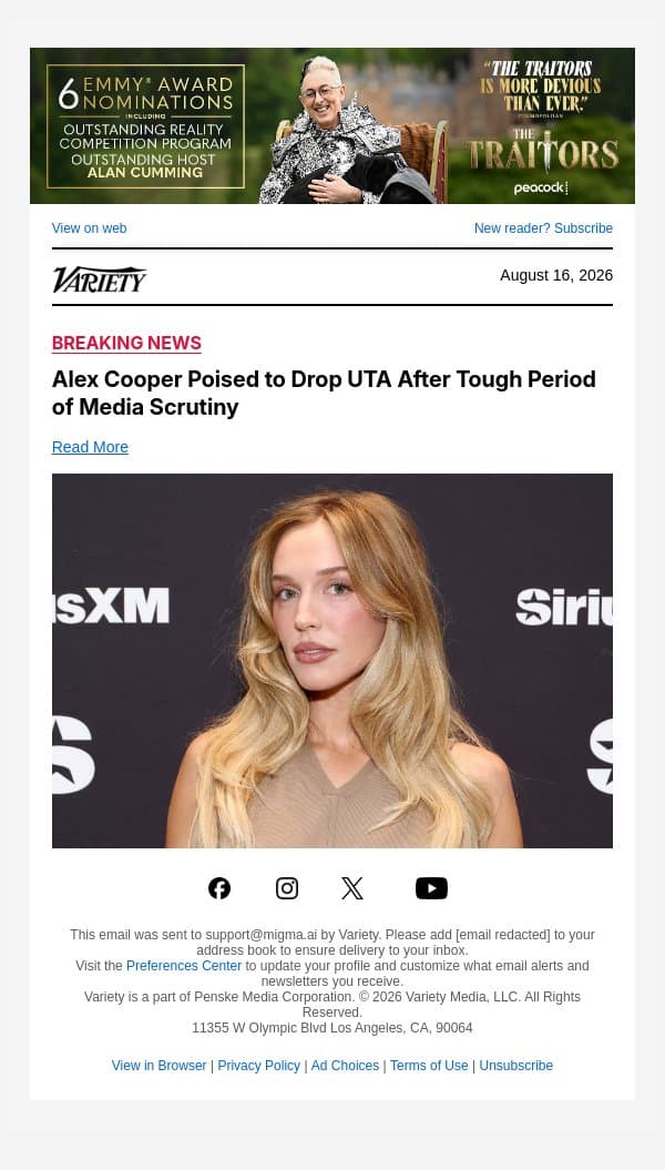 Alex Cooper Poised to Drop UTA After Tough Period of Media Scrutiny email from Variety screenshot