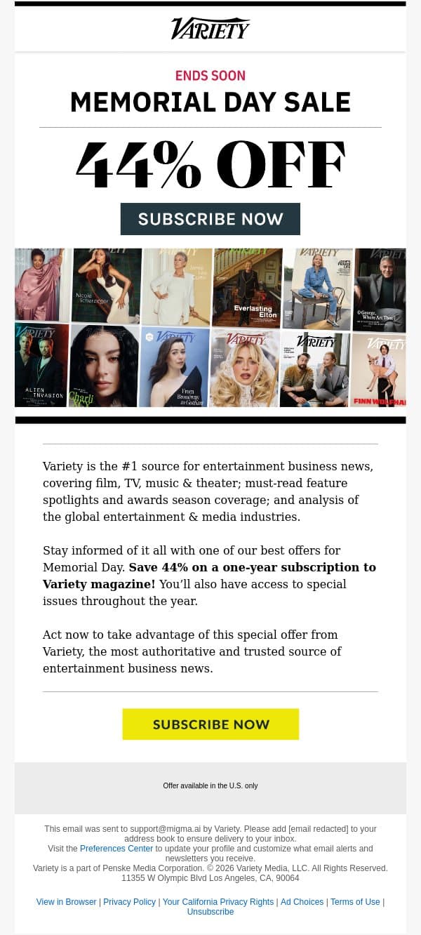 Get Variety at an exclusive low rate. Only through Monday. email from Variety screenshot