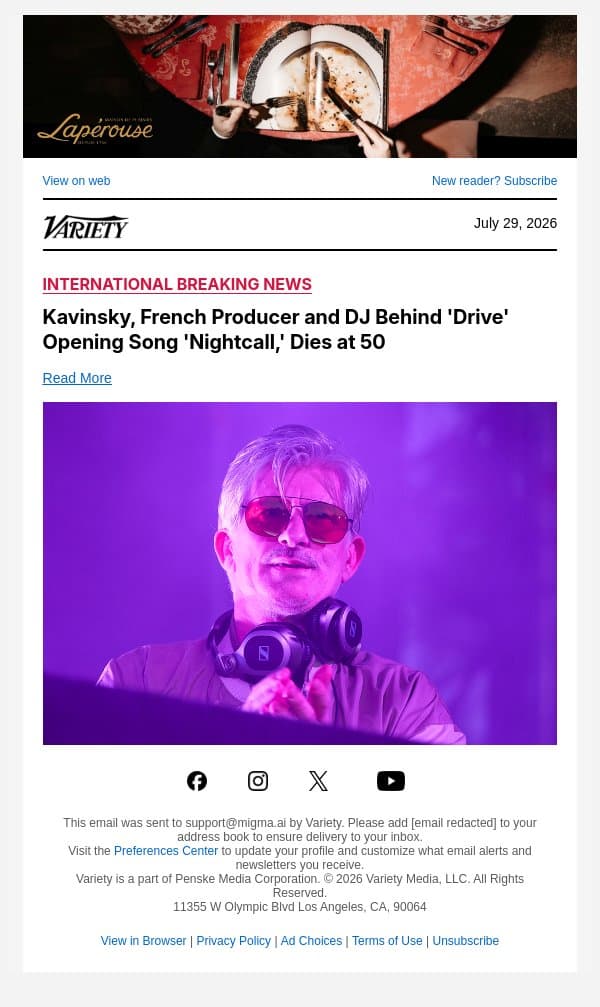 Kavinsky, French Producer and DJ Behind 'Drive' Opening Song 'Nightcall,' Dies at 50 email from Variety screenshot