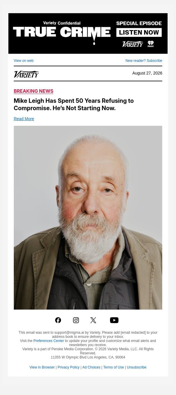 Mike Leigh Has Spent 50 Years Refusing to Compromise. He’s Not Starting Now. email from Variety screenshot
