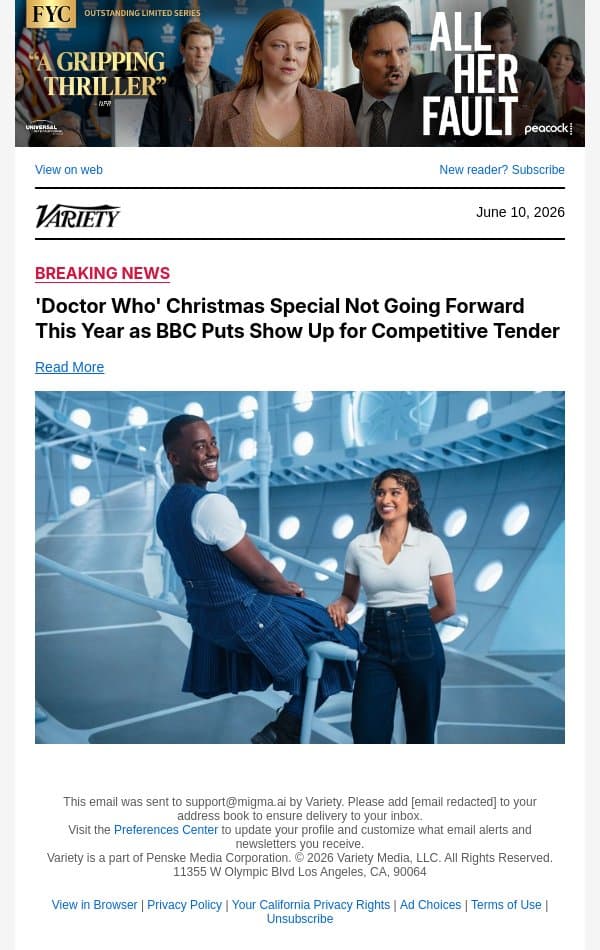 'Doctor Who' Christmas Special Not Going Forward This Year as BBC Puts Show Up for Competitive Tender email from Variety screenshot