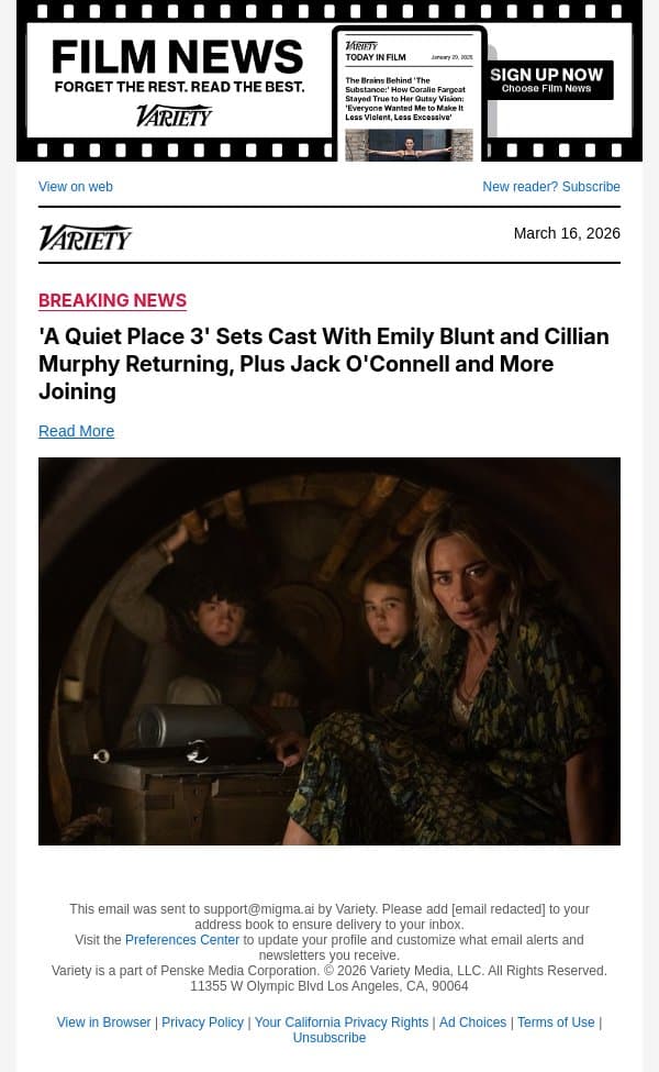 'A Quiet Place 3' Sets Cast With Emily Blunt and Cillian Murphy Returning, Plus Jack O'Connell and More Joining email from Variety screenshot