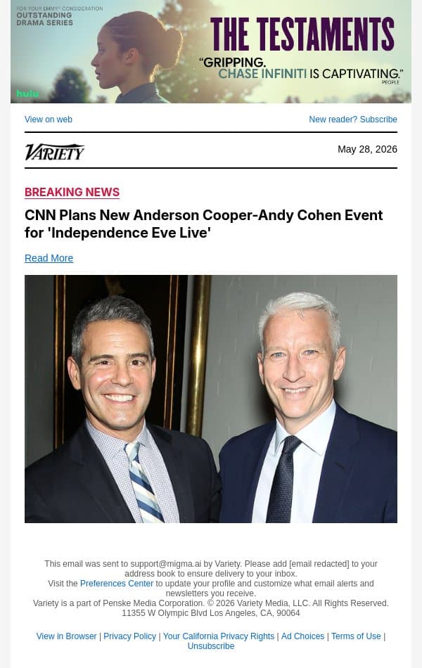 CNN Plans New Anderson Cooper-Andy Cohen Event for 'Independence Eve Live' email from Variety screenshot