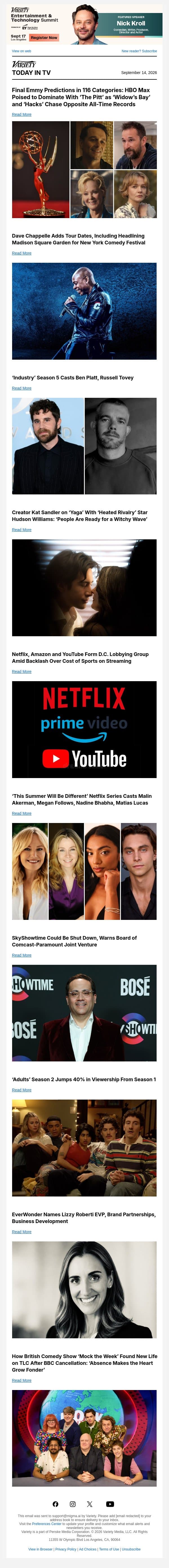 Final Emmy Predictions; Dave Chappelle Expands Tour; Ben Platt Joins 'Industry' Cast email from Variety screenshot