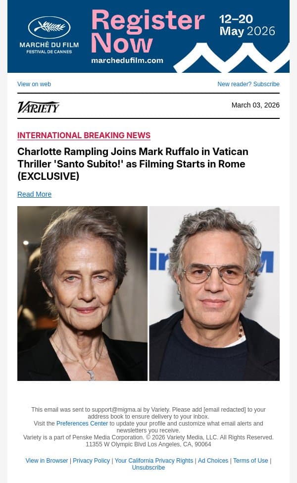 Charlotte Rampling Joins Mark Ruffalo in Vatican Thriller 'Santo Subito!' as Filming Starts in Rome (EXCLUSIVE) email from Variety screenshot