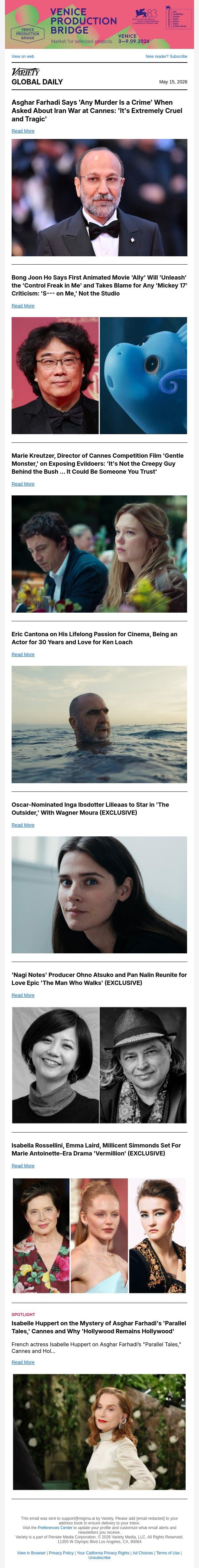 Farhadi Talks Iran War at Cannes; Bong Gets Animated; Kreutzer Tackles Evildoers email from Variety screenshot