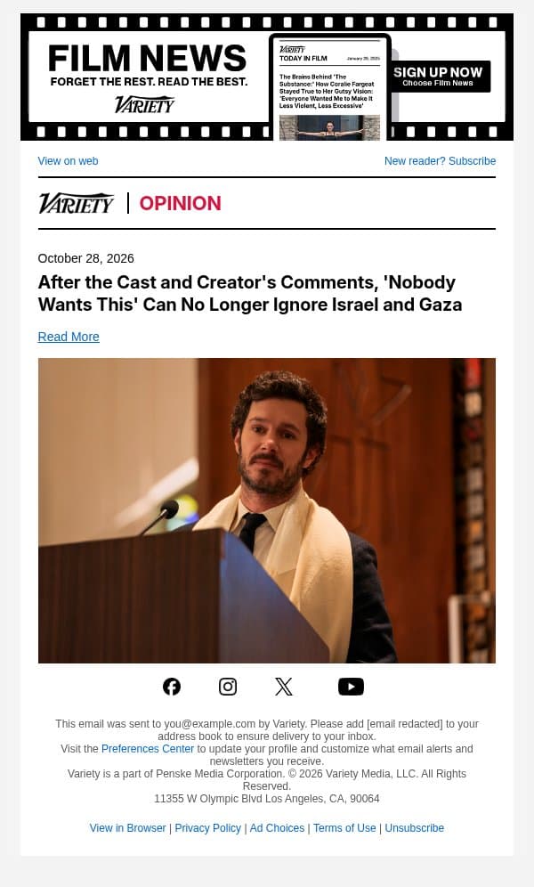 After the Cast and Creator's Comments, 'Nobody Wants This' Can No Longer Ignore Israel and Gaza email from Variety screenshot