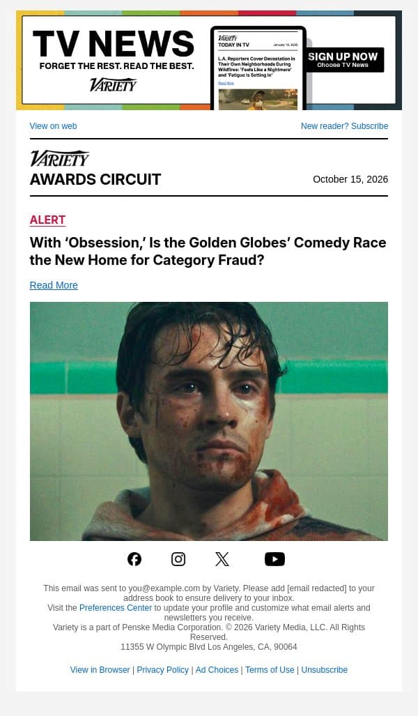 With ‘Obsession,’ Is the Golden Globes’ Comedy Race the New Home for Category Fraud? email from Variety screenshot