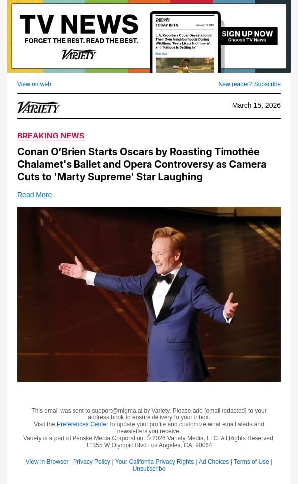 Conan O’Brien Starts Oscars by Roasting Timothée Chalamet's Ballet and Opera Controversy as Camera Cuts to 'Marty Supreme' Star Laughing email from Variety screenshot