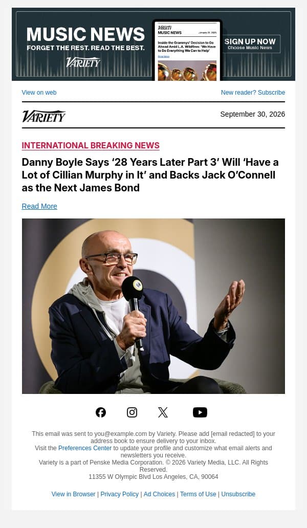 Danny Boyle Says ‘28 Years Later Part 3’ Will ‘Have a Lot of Cillian Murphy in It’ and Backs Jack O’Connell as the Next James Bond email from Variety screenshot