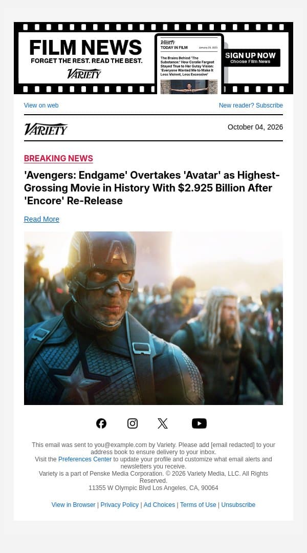 'Avengers: Endgame' Overtakes 'Avatar' as Highest-Grossing Movie in History With $2.925 Billion After 'Encore' Re-Release email from Variety screenshot