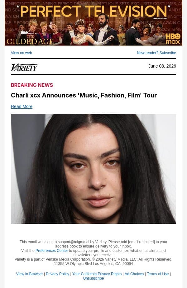 Charli xcx Announces 'Music, Fashion, Film' Tour email from Variety screenshot