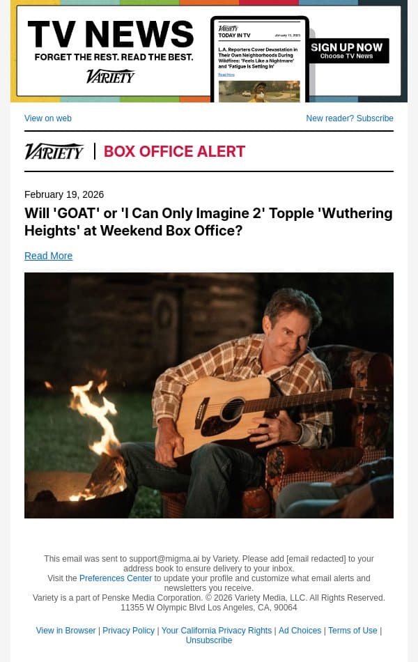Will 'GOAT' or 'I Can Only Imagine 2' Topple 'Wuthering Heights' at Weekend Box Office? email from Variety screenshot