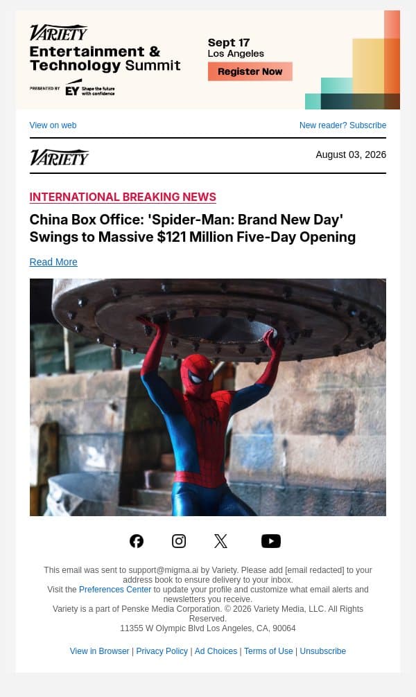 China Box Office: 'Spider-Man: Brand New Day' Swings to Massive $121 Million Five-Day Opening email from Variety screenshot
