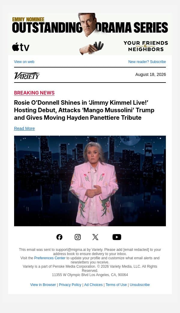 Rosie O’Donnell Shines in ‘Jimmy Kimmel Live!’ Hosting Debut, Attacks ‘Mango Mussolini’ Trump and Gives Moving Hayden Panettiere Tribute email from Variety screenshot