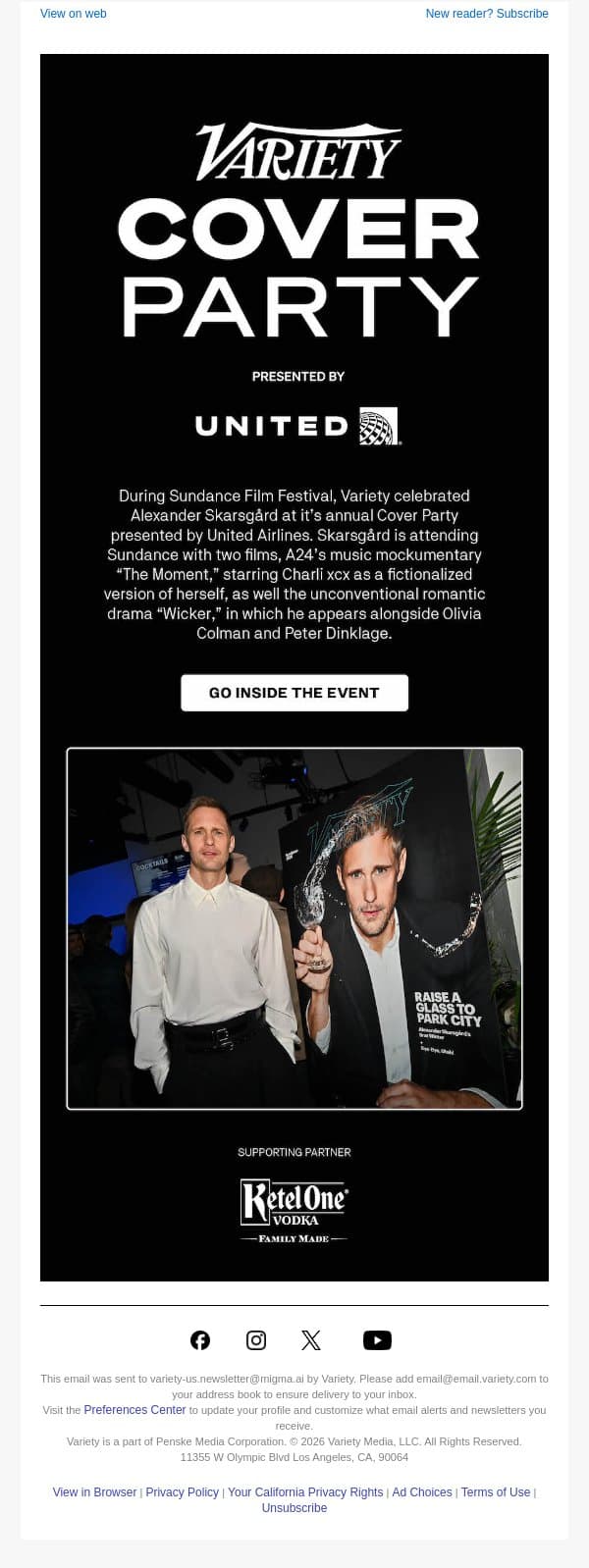 Go Inside Variety's Sundance Cover Party - Alexander Skarsgård Champions Stellan’s Oscar Nomination, Gives Uproarious Speech About His Lack of Awards Attention email from Variety screenshot