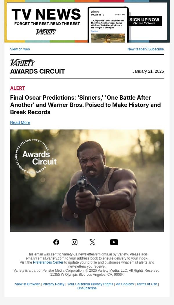 Final Oscar Predictions: 'Sinners,' 'One Battle After Another' and Warner Bros. Poised to Make History and Break Records email from Variety screenshot