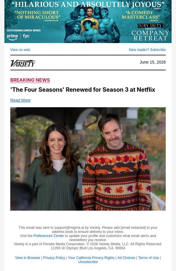 'The Four Seasons' Renewed for Season 3 at Netflix email from Variety screenshot