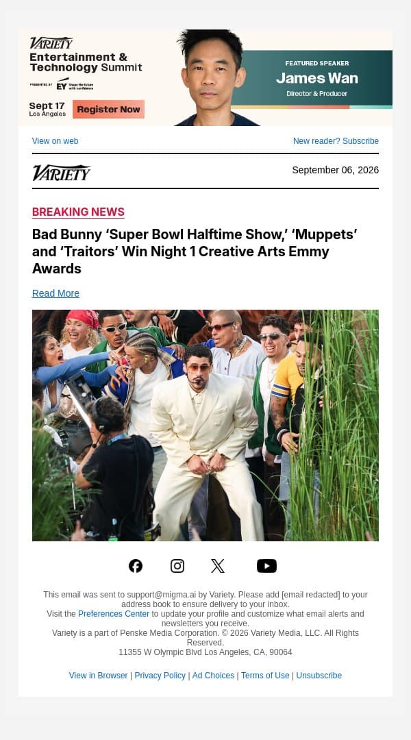 Bad Bunny ‘Super Bowl Halftime Show,’ ‘Muppets’ and ‘Traitors’ Win Night 1 Creative Arts Emmy Awards email from Variety screenshot