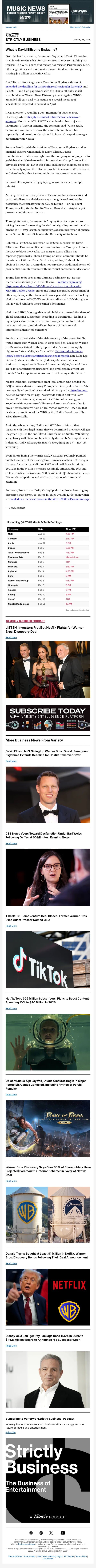 Strictly Business Newsletter & Podcast: David Ellison's WB Endgame; TikTok US Deal Done; Bari Weiss' Dysfunctional Takeover of CBS News; Netflix Earnings; and More email from Variety screenshot