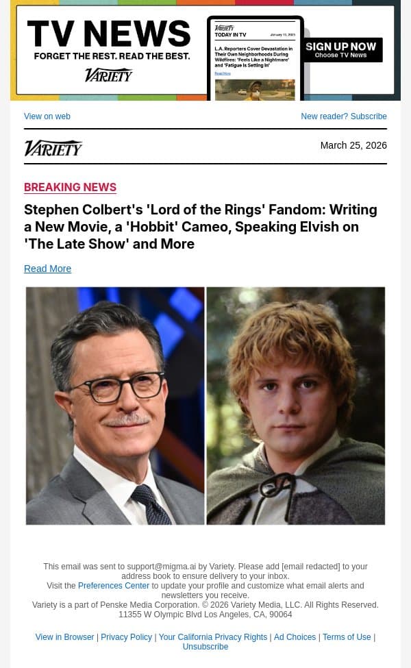 Stephen Colbert's 'Lord of the Rings' Fandom: Writing a New Movie, a 'Hobbit' Cameo, Speaking Elvish on 'The Late Show' and More email from Variety screenshot