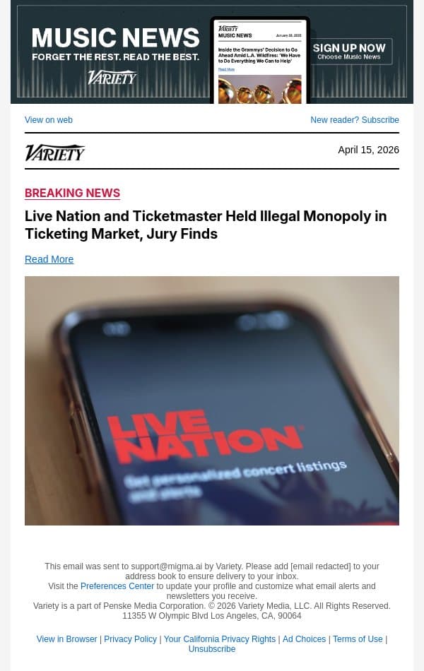 Live Nation and Ticketmaster Held Illegal Monopoly in Ticketing Market, Jury Finds email from Variety screenshot