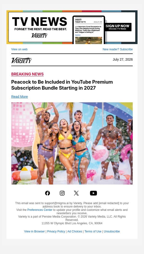Peacock to Be Included in YouTube Premium Subscription Bundle Starting in 2027 email from Variety screenshot